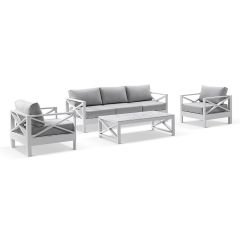 "Montego Bay" Hamptons Style Outdoor Aluminium 4 Piece 3+1+1 Seater Lounge Setting, White with Olefin Grey Cushions (RRP $4999)