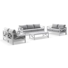"Montego Bay" Hamptons Style Outdoor Aluminium 5 Piece Lounge Setting, White with Olefin Grey Cushions (RRP $5999)
