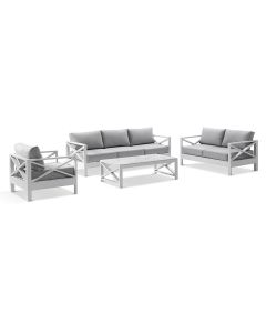 "Montego Bay" Hamptons Style Outdoor Aluminium 4 Piece 3+2+1 Seater Lounge Setting, White with Olefin Grey Cushions (RRP $4999)