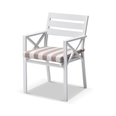 "Montego Bay" Hamptons Style Outdoor Aluminium Dining Chair White with Deep Beige Stripe Sunbrella Cushions