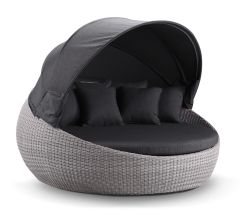 "Cancun" Hamptons Style Outdoor Wicker Large Round Daybed with Canopy in Brushed Grey with Denim Cushions