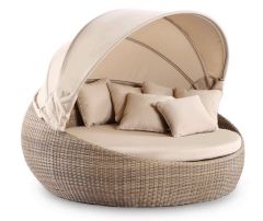 "Cancun" Hamptons Style Outdoor Wicker Large Round Daybed with Canopy in Brushed Wheat with Sand Cushions