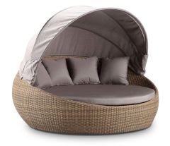 "Cancun" Hamptons Style Outdoor Large Wicker Round Daybed with Canopy in Brushed Wheat with Sunbrella Cushions, 200cm Diameter