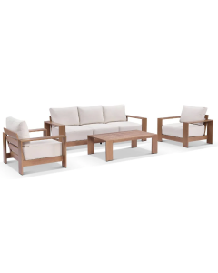 "Mackay" Superior Comfort Premium Quality Aluminium 3+1+1 Outdoor Lounge Set with Coffee Table – Mahogany / Bone W240 x D85 x H68 CM (RRP $4999)