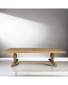 Sophia Oak Trestle Hamptons Style Hardwood Timber Parquet Dining Table with Pedestal Base, Weathered Oak 300cmW x 120cmD x 78cmH (RRP $5499)
