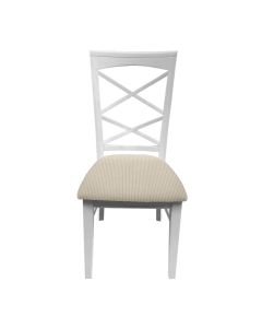 "Montauk" Hamptons Style Chair with Cross Back Detail, Vivid White with Beige & White Stripes cushioned seat (RRP $399)