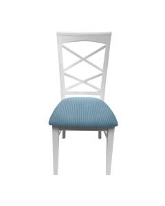 "Montauk" Hamptons Style Chair with Cross Back Detail, Vivid White with Sky Blue & White Stripes cushioned seat (RRP $399)