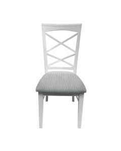 "Montauk" Hamptons Style Chair with Cross Back Detail, Vivid White with Light Grey & White Stripes cushioned seat (RRP $399)