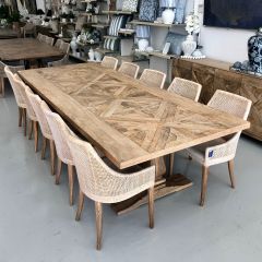 "Montego" 11 Piece Dining Package 300x120cm Hardwood Parquetry Timber Dining Table with Pedestal Base & 10 Coral Bay Chairs (RRP $7999)