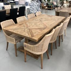 "Montego" 9 Piece Dining Package 240x110cm Hardwood Parquetry Timber Dining Table with Pedestal Base & 8 Coral Bay Chairs (RRP $5999)