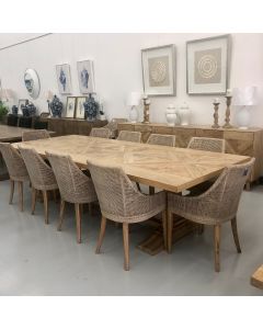 "Montego" 11 Piece Dining Package 300x120cm Hardwood Parquetry Timber Dining Table Pedestal Base & 10 Coral Bay Chairs Greywash (RRP $7999)