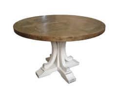 "Maison" Hamptons Style Round Dining Table Pedestal Base Reclaimed Elm, Distressed White Base 150cm (RRP $2999)
