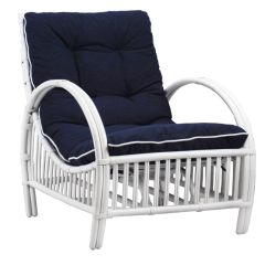 "Long Island" Hamptons Style Alfresco Cane Lounge Chair White, Navy Cushion & White Piping (RRP $699)