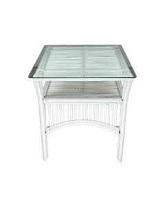 "Long Island" Hamptons Style Rattan Side Table with Glass Top in White, 50cm x 50cm x 60cmH (RRP $399)