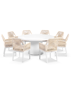 "Narrabeen" Superior Comfort Premium Quality 1.6m Round Ceramic Outdoor Dining Table with 8 Hugo Rope Chairs – White / Cream Rope w/ Cream Cushions Ø160 x H75 CM (RRP $8999)