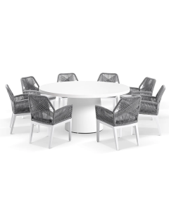 "Narrabeen" Superior Comfort Premium Quality 1.6m Round Ceramic Outdoor Dining Table with 8 Hugo Rope Chairs – White / Grey Rope w/ Textured Olefin Grey Ø160 x H75 CM (RRP $8999)