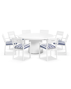 "Narrabeen" Superior Comfort Premium Quality 1.6m Round Ceramic Outdoor Dining Table with 8 Santorini Chairs – White / Navy Stripe Ø160 x H75 CM (RRP $6999)