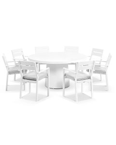 "Curl Curl" Superior Comfort Premium Quality Aluminium & Ceramic 1.5m Round Outdoor Dining Set with 6 Santorini Chairs – Light Dune Ø150 x H75cm (RRP $5,999)