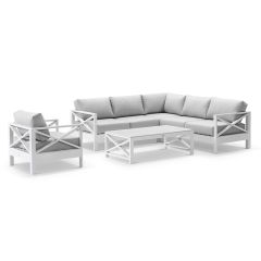 "Montego Bay" Hamptons Style Outdoor Aluminium Modular Corner Lounge Package B, White with Olefin Grey Cushions (RRP $5499)