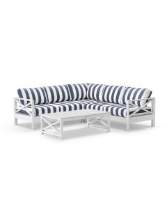 "Montego Bay" Hamptons Style Outdoor Aluminium Modular Corner Lounge, White with Navy & White Stripe Cushions, 231cm x 231cm (RRP $4999)
