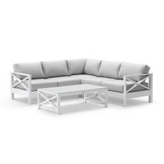 "Montego Bay" Hamptons Style Outdoor Aluminium Modular Corner Lounge, White with Olefin Grey Cushions