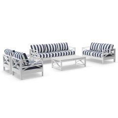 "Montego Bay" Hamptons Style Outdoor Aluminium 5 Piece Lounge Setting, White with Olefin Navy & White Stripe Cushions (RRP $5999)