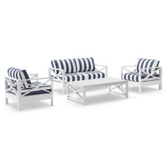 "Montego Bay" Hamptons Style Outdoor Aluminium 4 Piece 2+1+1 Seater Lounge Setting, White with Olefin Navy & White Stripe Cushions (RRP $3999)