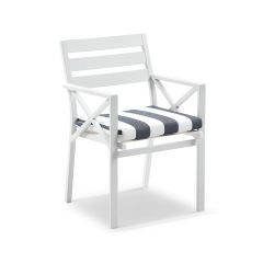 "Montego Bay" Hamptons Style Outdoor Aluminium Dining Chair White with Navy & White Cushions