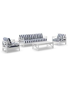 "Montego Bay" Hamptons Style Outdoor Aluminium 4 Piece 3+1+1 Seater Lounge Setting, White with Olefin Navy & White Stripe Cushions (RRP $4699)