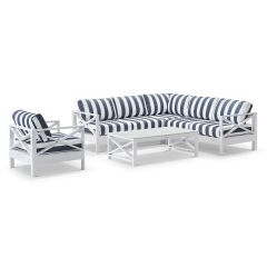 "Montego Bay" Hamptons Style Outdoor Aluminium Modular Corner Lounge Package B, White with Navy & White Stripe Cushions