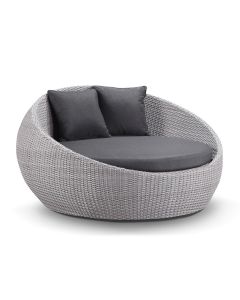 "Cancun" Hamptons Style Outdoor Wicker Round Daybed in Brushed Grey with Denim Cushions, 160cm Diameter