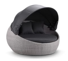 "Cancun" Hamptons Style Outdoor Wicker Round Daybed with Canopy in Brushed Grey with Denim Cushions