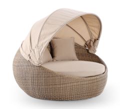 "Cancun" Hamptons Style Outdoor Wicker Round Daybed with Canopy in Brushed Wheat with Sand Cushions, 160cm Diameter