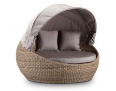 "Cancun" Hamptons Style Outdoor Wicker Round Daybed with Canopy in Brushed Wheat with Sunbrella Cushions