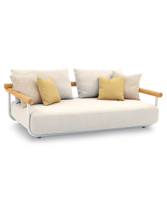 "Albany" Superior Comfort Premium Quality Aluminium & Teak 3 Seater Outdoor Daybed Lounge – Sand / Ivory Fabric W245 x D132 x H69 CM (RRP $6999)