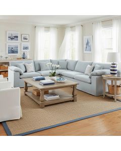 Norfolk 5 Seater Modular Corner Sofa Lounge Removable Slip Cover Beach with White Piping, W300cm x D300cm x H94cm (RRP $7499)