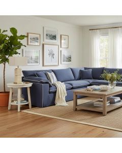 Norfolk 5 Seater Modular Corner Sofa Lounge Removable Slip Cover Navy with White Piping, W300cm x D300cm x H94cm (RRP $7499)