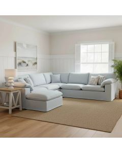 Norfolk 5 Seater Modular Corner Sofa Lounge with Reversible Chaise Removable Slip Cover Beach with White Piping, W300cm x D300cm x H94cm (RRP $7999)