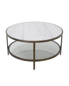 Palladium Brass Iron Marble & Glass Coffee Table,  D 90cm W 90cm H 45cm (RRP $1499)