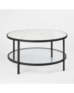 Palladium Black Iron Marble & Glass Coffee Table, L 90cm W 90cm H 45cm (RRP $1499)