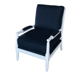 "Bobbin" Hamptons Style Linen Fabric & Oak Timber Armchair, White & Navy Blue (RRP $1499)