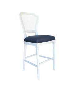 "Marseille" Hamptons Style Linen Fabric & Oak Timber Barstool, White & Navy (RRP $799)