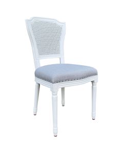 “Marseille" Hamptons Style Rattan Back Dining Chair with Linen Cushioned Seat, White with Duck Egg Linen (RRP $599)