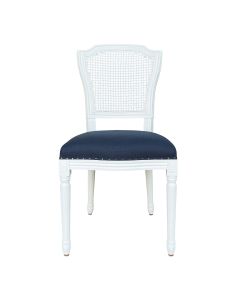 “Marseille" Hamptons Style Rattan Back Dining Chair with Linen Cushioned Seat, White with Navy Linen (RRP $599)