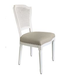 “Marseille" Hamptons Style Rattan Back Dining Chair with Linen Cushioned Seat, White with Oatmeal Linen (RRP $599)