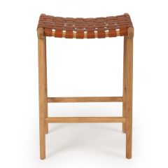 "Peregian" Resort Style Genuine Hide Leather Weave & Solid Teak Kitchen Counter Saddle Stool, Tan