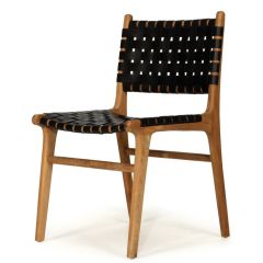 "Peregian" Resort Style Genuine Hide Leather Weave & Solid Teak Dining Chair, Black