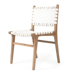 "Peregian" Resort Style Genuine Hide Leather Weave & Solid Teak Dining Chair, White
