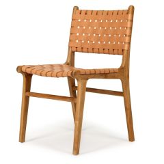 "Peregian" Resort Style Genuine Hide Leather Weave & Solid Teak Dining Chair, Natural