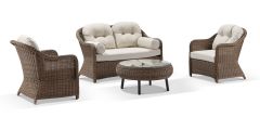 "Seychelles" Hamptons Style Outdoor Wicker Lounge Setting 2+1+1 with Coffee Table, Brushed Wheat (RRP $3999)